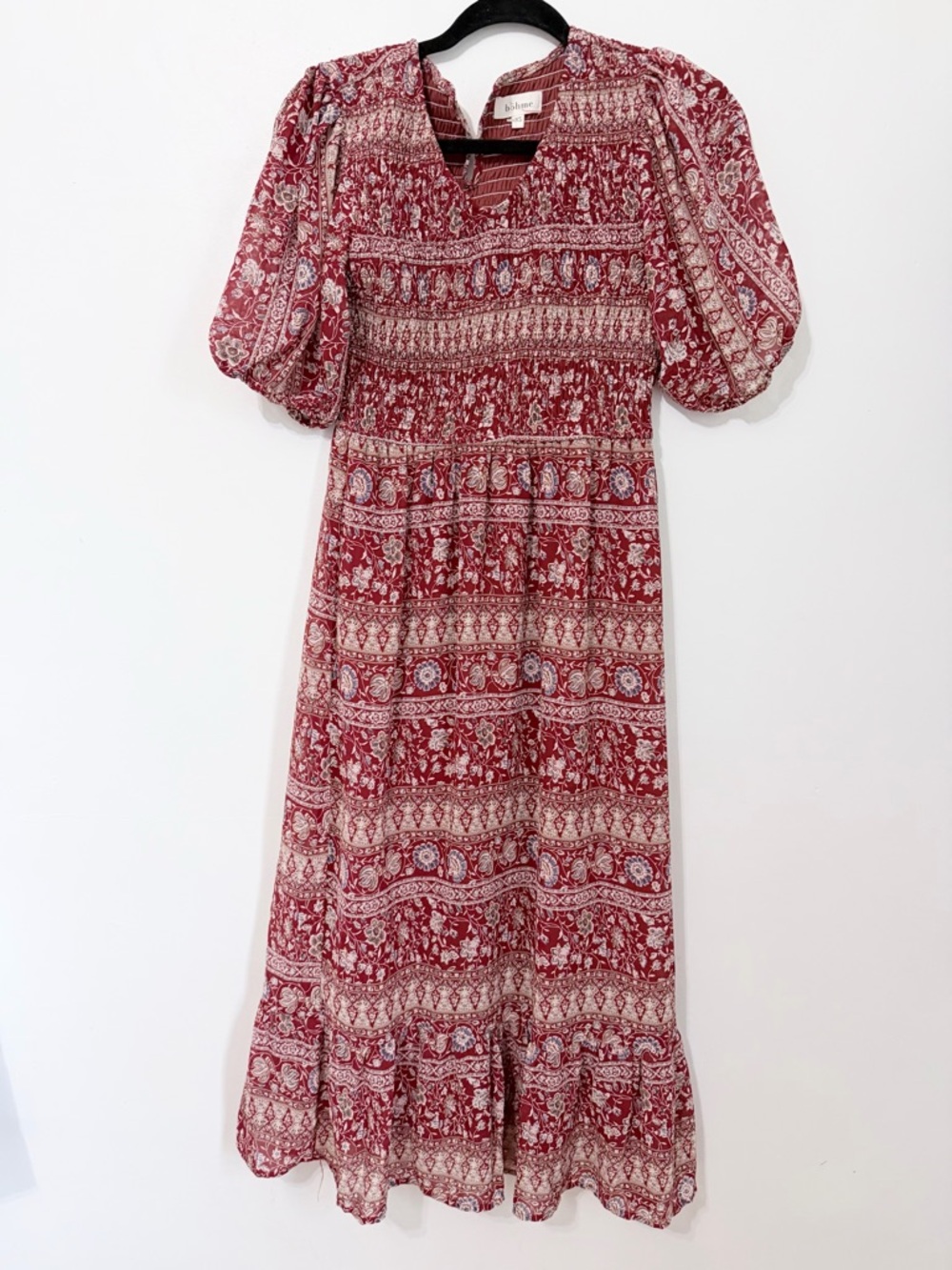 Bohme paisley print dress midi size XS red short sleeves puff modest